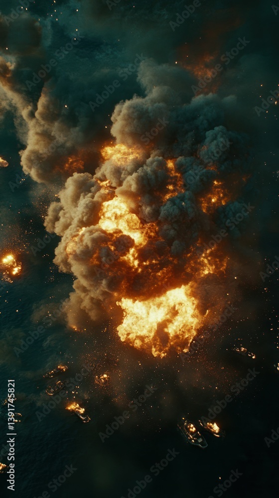 Obraz premium Dramatic Fireball Ascending into a Swirling Cloudscape of Smoke and Debris