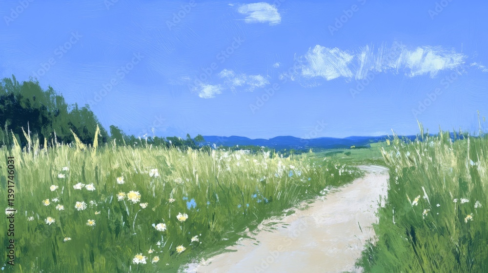 Fototapeta premium Sunny meadow landscape with green grass, blue sky, white clouds, and a dirt path