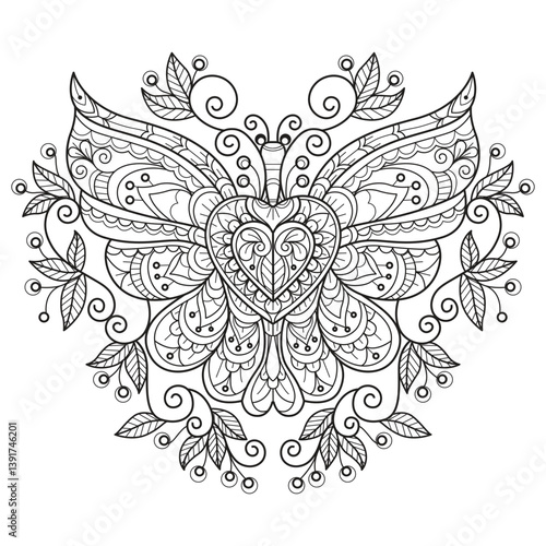 Heart butterfly hand drawn for adult coloring book