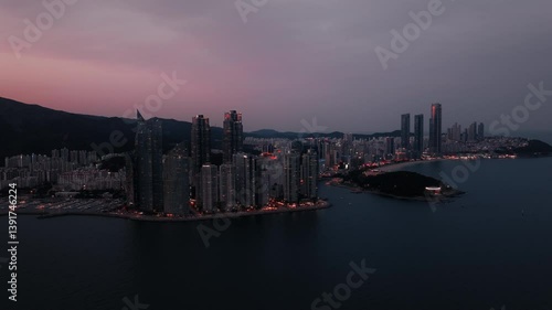 Twilight Aerial of Haeundae Skyscrapers in Busan, South Korea