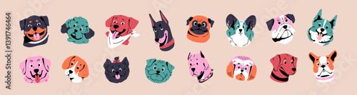 Colourful avatars of cute dogs set. Funny portraits of different puppies. Happy faces of pets, muzzles of bulldog, corgi, doberman, labrador, retriever and pug. Flat isolated vector illustrations