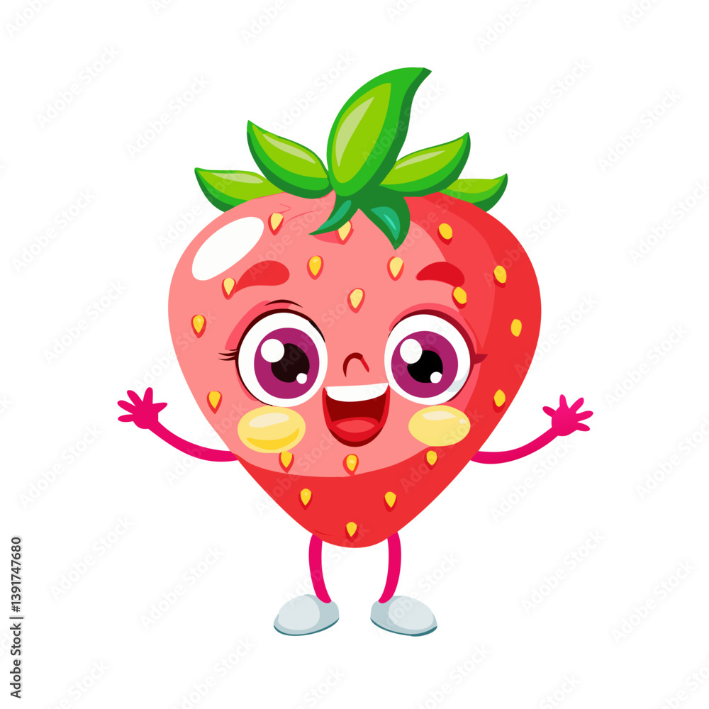 Fototapeta premium funny cartoon strawberry, Cute Cartoon Strawberry Character with Big Eyes and Happy Smile Vector