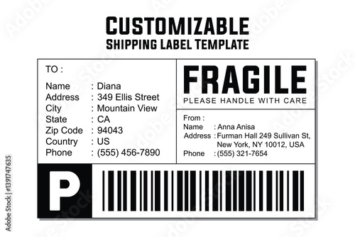 Minimalist Custom Shipping Label with Fragile Warning and Barcode for Package Delivery