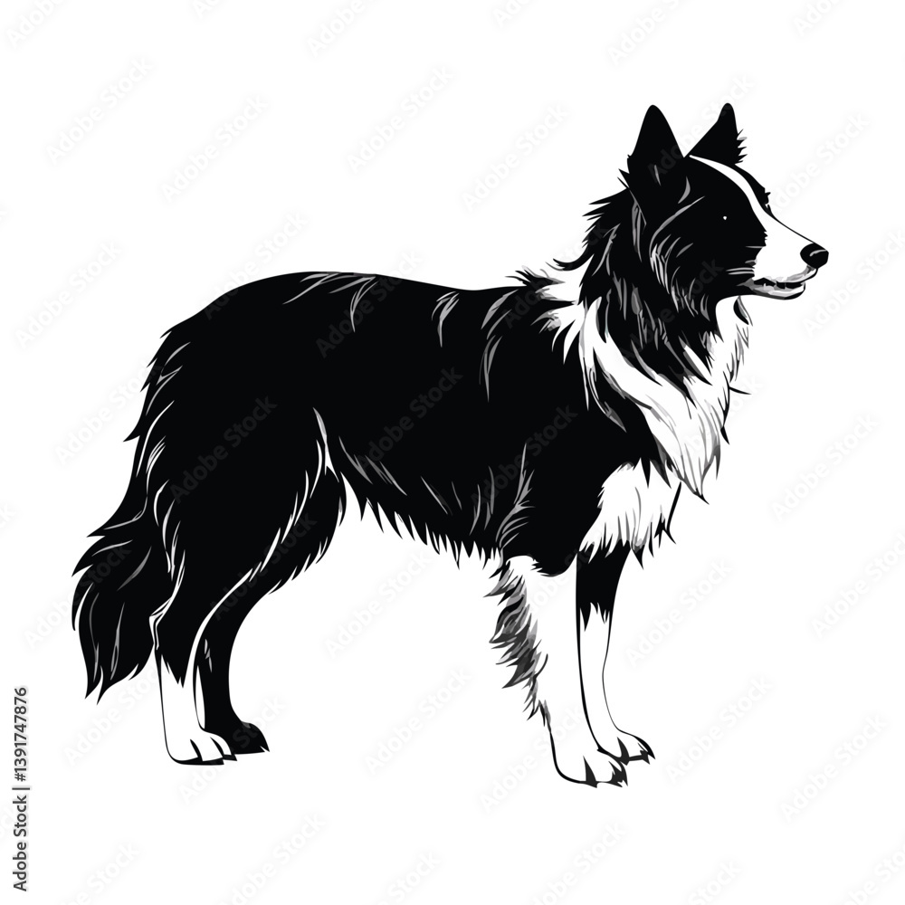 border collie dog, Black and White Border Collie Dog Illustration border collie dog, Black and White Border Collie Dog Illustration