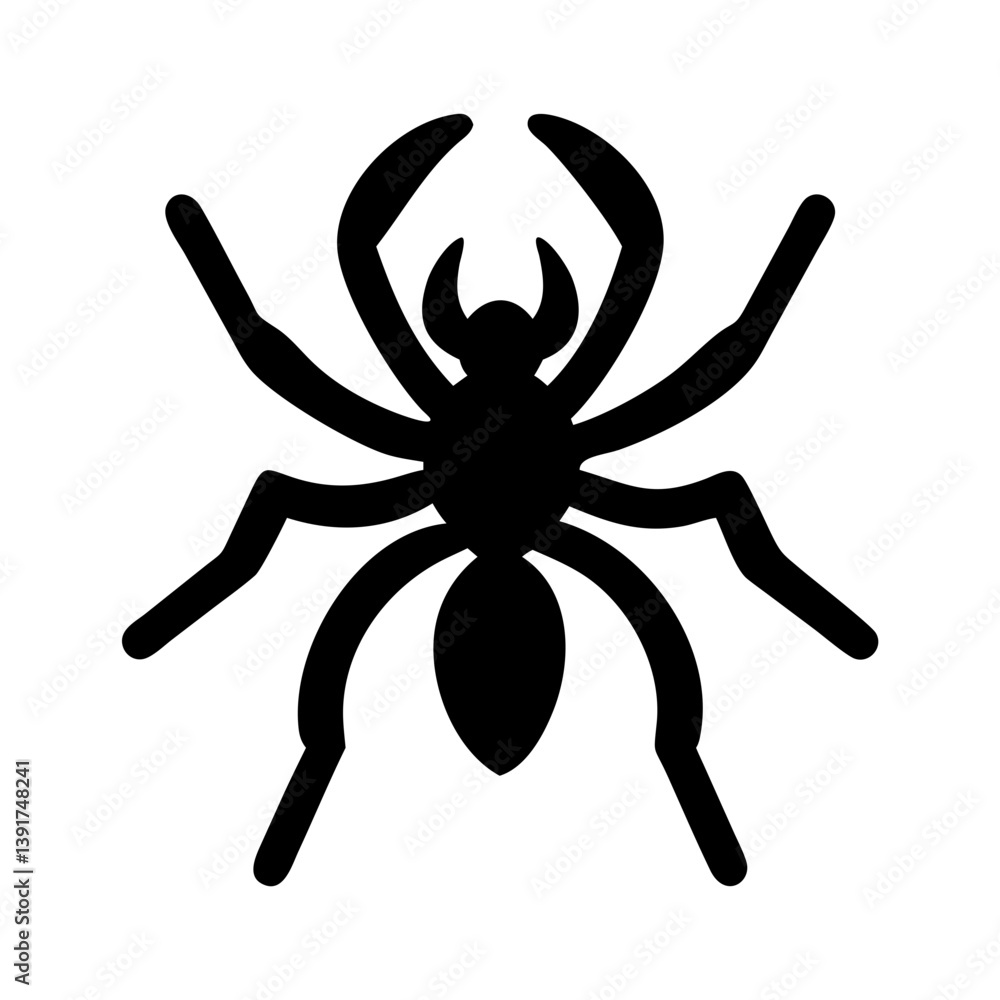 Obraz premium A detailed illustration of a black spider with prominent legs and a rounded body, creating a striking visual impact, spider on a white background,