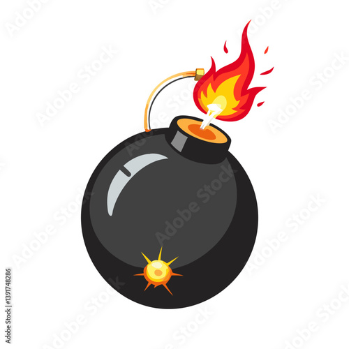 Vintage Round Black Glossy Bomb with Burning Fuse Flame Explosion Dynamite Weapon Classic Retro Style Design Isolated on Transparent and White Background, 3D Bomb Icon with Lit Fuse