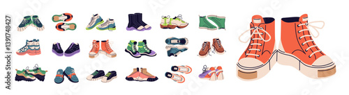 Different sneakers set. Pairs of various male and female trainers. Stylish unisex boots for walking, running. Sports shoes, fashion footwear, cool footgear. Flat isolated vector illustrations on white