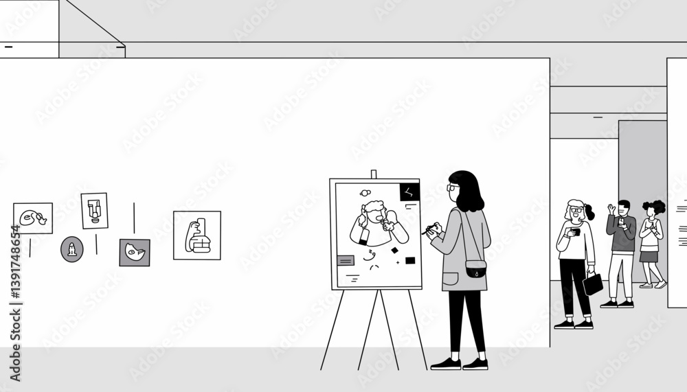 Artist sketching at an art museum surrounded by visitors