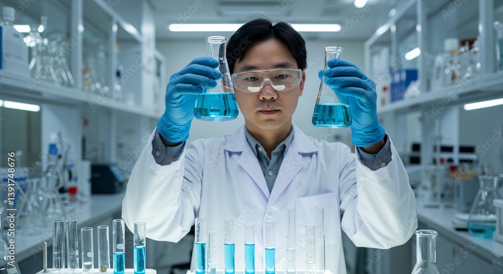 Concentrated Asian Male Scientist in Lab Coat Holds Erlenmeyer Flasks with Blue Liquid, Conducting Experiment in Modern Well-Equipped Laboratory Concentrated Asian Male Scientist in Lab Coat Holds Erlenmeyer Flasks with Blue Liquid, Conducting Experiment in Modern Well-Equipped Laboratory