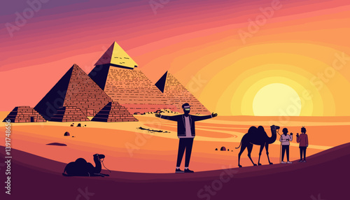 Tourists Enjoying Sunset at the Pyramids of Giza  
