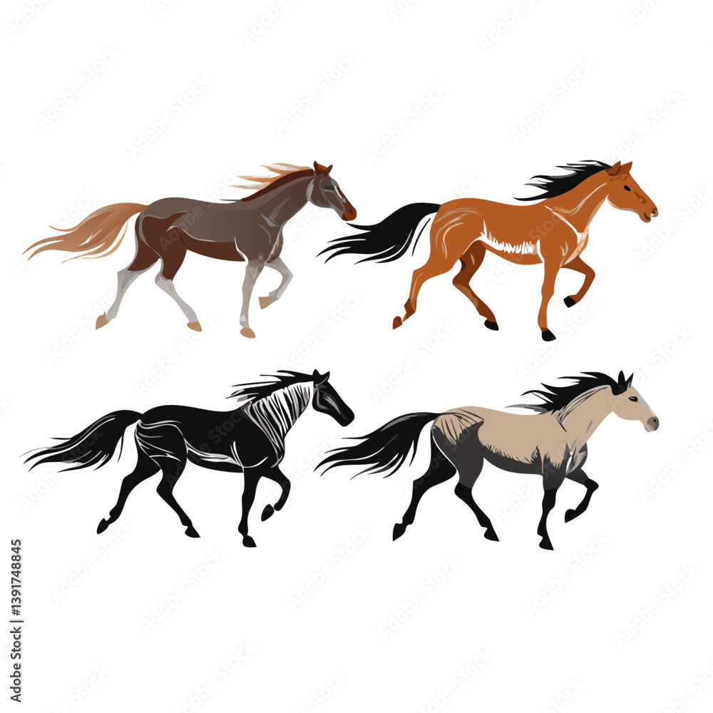 Fototapeta premium black and white horses, set of horse isolated on transparent background, Horses, set of horses, For Three Running Horses Isolated on a Transparent Background