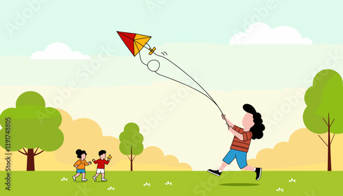 Child Flying a Kite Joyfully in a Sunny Park  