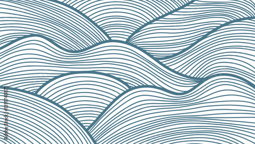 horizontal stylish abstract background in zentangle style, wavy line art background in blue on white, many lines waves