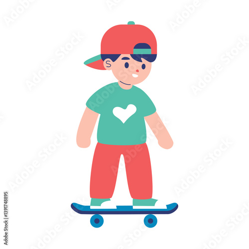 boy riding skateboard wearing heart shirt and backward cap with cool urban style