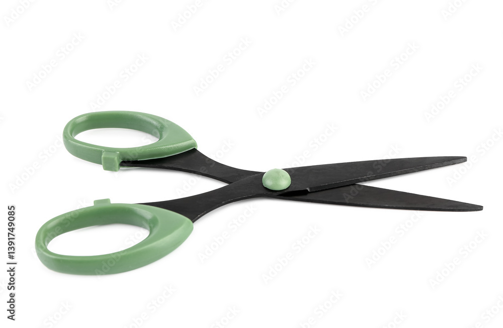 Scissors with green handle isolated on white background Scissors with green handle isolated on white background