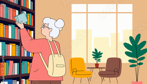 Elderly Woman Joyfully searching for a book in a cozy library  