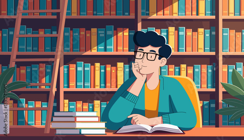 Young man contemplating while reading in a library  
