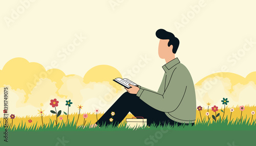 Person Reading in a Meadow Surrounded by Flowers  
