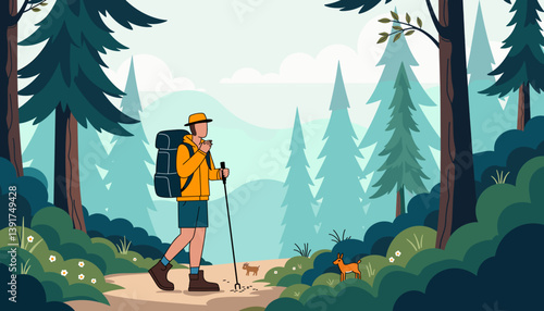 Hiker enjoying nature on a scenic trail surrounded by trees  