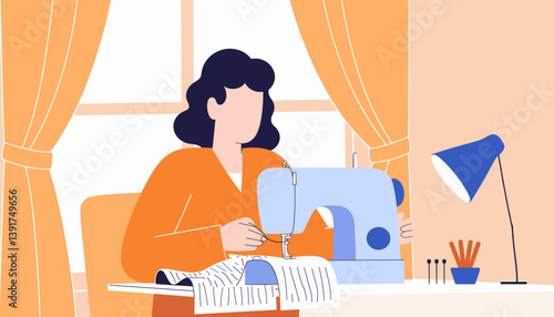 Woman sewing at home with a sewing machine against a cozy backdrop  