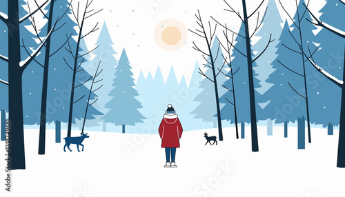 Person walking with dogs in a snowy forest under the sun  