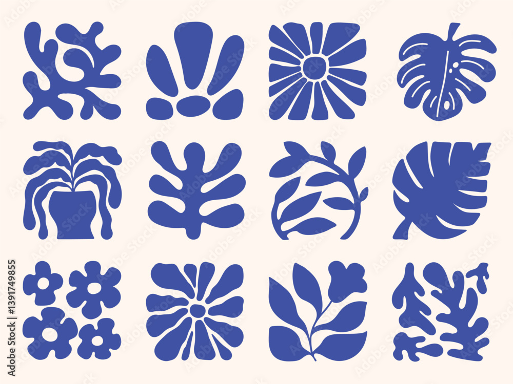 Obraz premium Blue Floral doodle shapes in retro hippie 60s 70s style vector collection. Flower hand drawn organic shapes design for seamless pattern, prints and wallpaper.