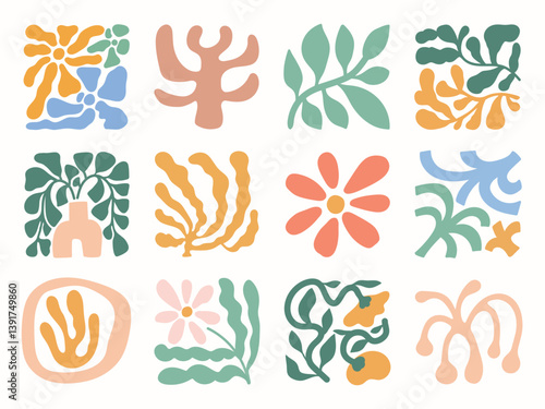 Floral doodle shapes in retro hippie 60s 70s style vector collection. Flower hand drawn organic shapes design for seamless pattern, prints and wallpaper.