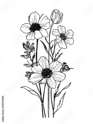 Wallpaper Mural Black and white outlined drawing of various flowers and stems, featuring detailed petals and leaves. Minimalist style with intricate lines showcasing floral elegance Torontodigital.ca