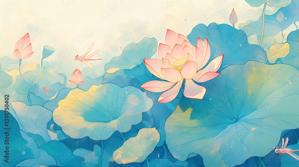 Pink Lotus Flower in Full Bloom Surrounded by Green Lily Pads with a Watercolor Style Against a Light Blue Background With a Dragonfly Illustration Pink Lotus Flower in Full Bloom Surrounded by Green Lily Pads with a Watercolor Style Against a Light Blue Background With a Dragonfly Illustration