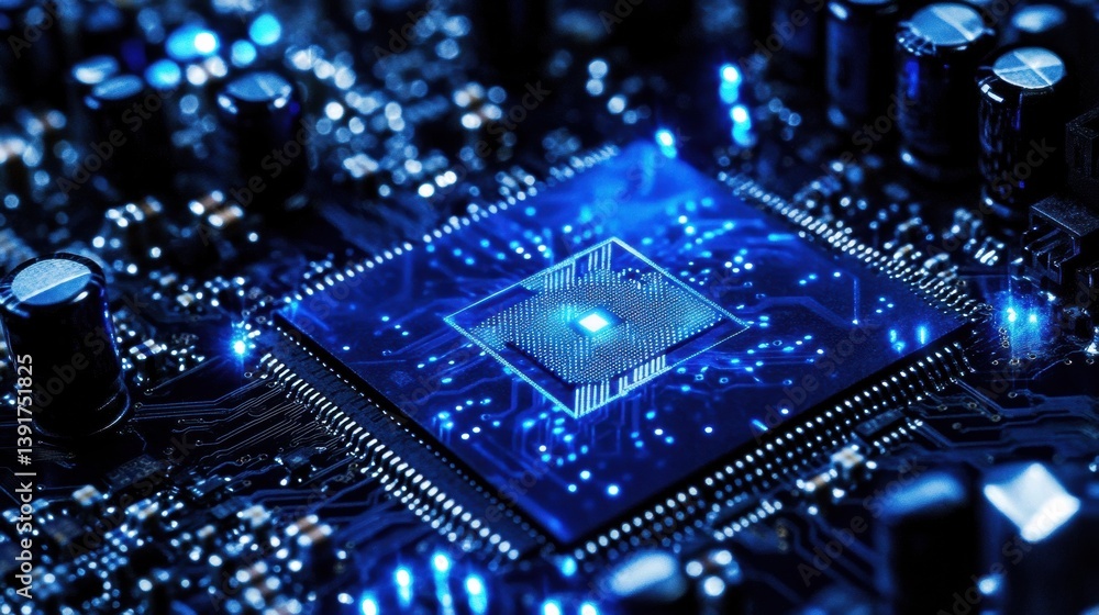 Fototapeta premium Circuit Board Background with Blue Light: Stunning Digital Illustration Image
