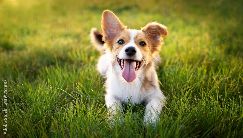 Happy Puppy Smiling on Green Grass Happy Puppy Smiling on Green Grass