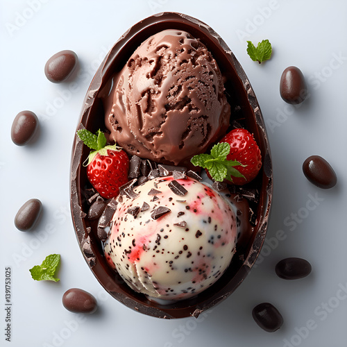 Cracked chocolate Easter egg with scoops of strawberry, mint and stracciatella ice cream inside. View from above. 