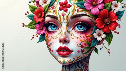 Intricate floral pattern forming a face shape, colorful, subtle