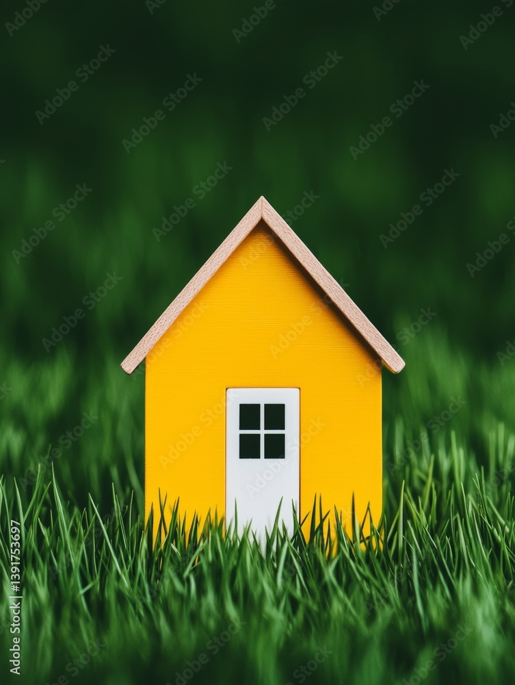 Bright Yellow House Model on Lush Green Grass Under Clear Blue Sky Bright Yellow House Model on Lush Green Grass Under Clear Blue Sky
