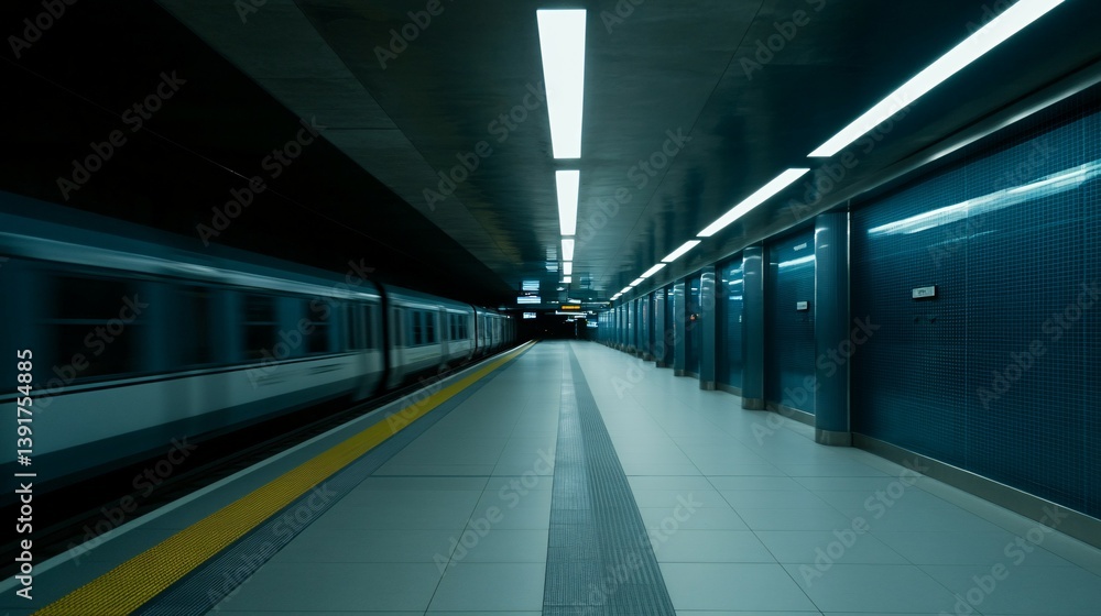 Fototapeta premium Train moving in a subway station with lights and platforms.