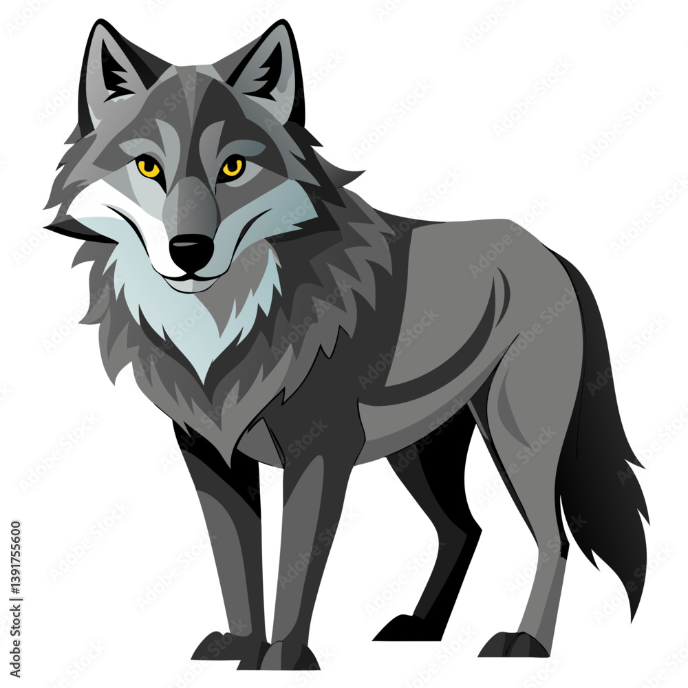 Naklejka premium Illustration of a gray wolf standing with a serious expression and yellow eyes facing forward vector art