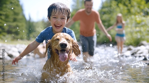 Boy, dog, family, river, summer fun, outdoor