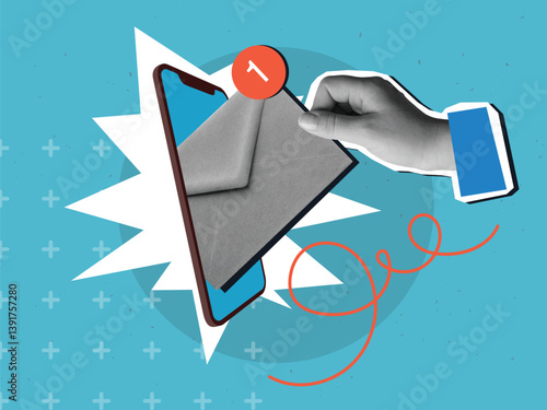 Black and white hand takes an envelope with unread message from phone screen. Modern collage style. Vector illustration
