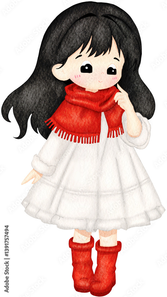 Fototapeta premium Cute Christmas Girl in Red Winter Dress. Watercolor Illustration