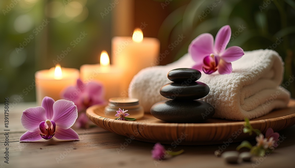 Zen spa setting with orchid flowers, candles, stacked stones, and towel on tray
Zen spa setting with orchid flowers, candles, stacked stones, and towel on tray