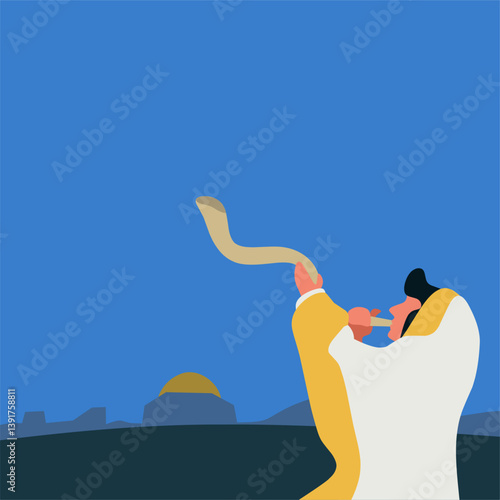 Minimalist flat illustration of a Jewish man blowing the shofar at sunset, symbolizing Rosh Hashanah or Yom Kippur. Traditional celebration in Israel with city skyline background