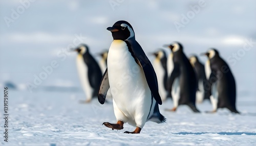 group of penguins walking across a snow covered field