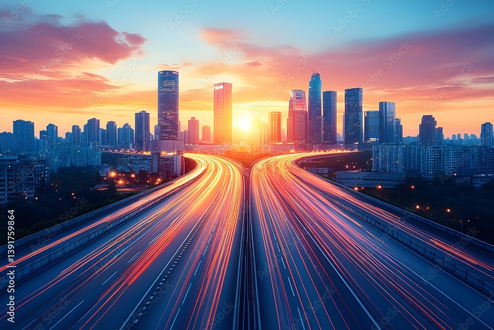 Fototapeta premium Sunset Cityscape with Light Trails Leading to Modern Skyline for Urban Inspiration