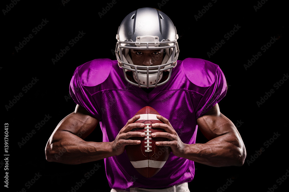 Football Player in Purple Uniform Holding Ball, Ready for Action Football Player in Purple Uniform Holding Ball, Ready for Action
