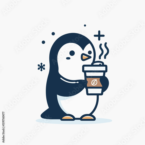 Cute Penguin Enjoying Beverage: An adorable penguin illustration, holding a warm beverage, radiating cheerfulness and warmth, perfect for conveying a sense of joy.