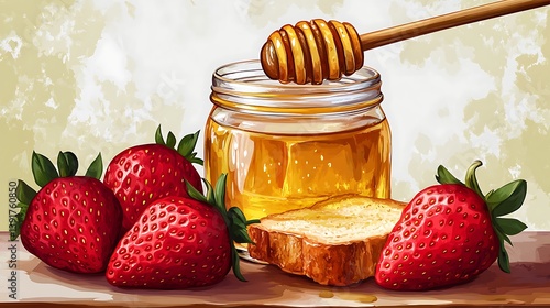 fresh strawberries breakfast with toast honey in glass jar illustration healthy morning meal homemade snack nutritious colorful food