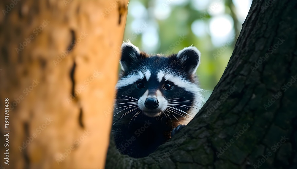 Fototapeta premium raccoon peeking out from behind a tree