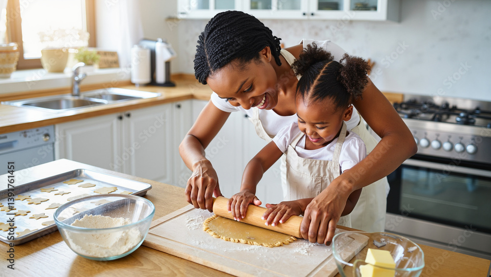 African American Mother and Daughter Joyfully Making Cookies in Home Kitchen African American Mother and Daughter Joyfully Making Cookies in Home Kitchen