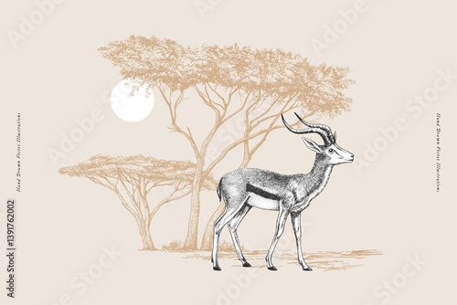 Hand-drawn illustration of an antelope standing in an African savanna landscape with acacia trees and the sun. Vintage wildlife engraving on a beige background. Safari, nature, and wilderness concept