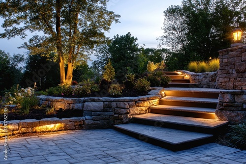 Stone patio with steps, landscaping at dusk
